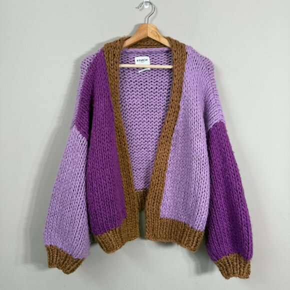 FRNCH Lorene Violet Camel Cardigan Sweater Women's Medium Chunky Knit Open Front - Picture 4 of 15